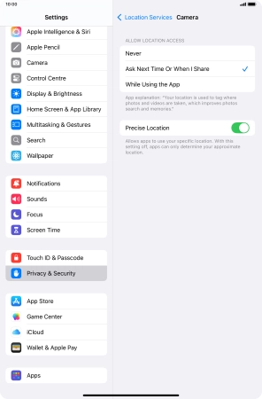 Press the required setting to turn the function on or off.