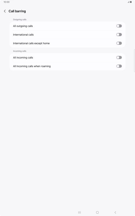 Press the indicator next to the required barring type to turn the function on or off. Press the indicator next to the required barring type to turn the function on or off.