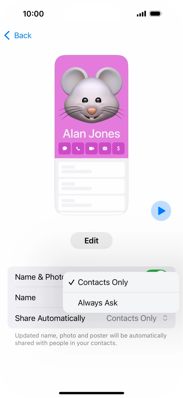 Press the required setting.