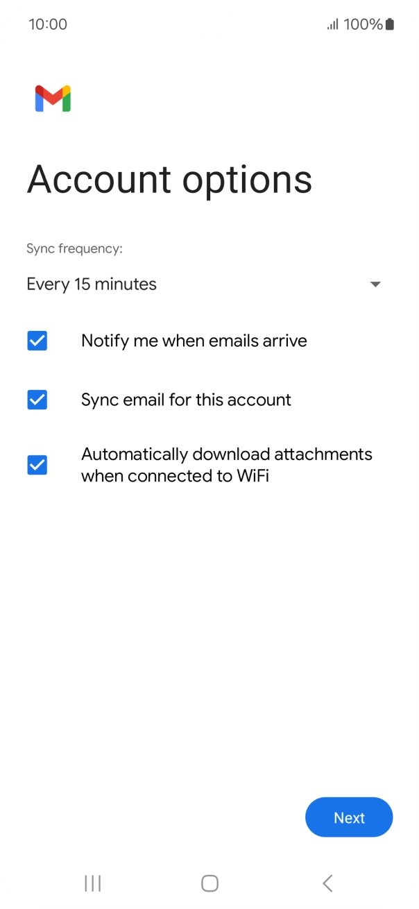 If this screen is displayed, your email account has been recognised and set up automatically. Follow the instructions on the screen to key in more information and finish setting up your phone.
