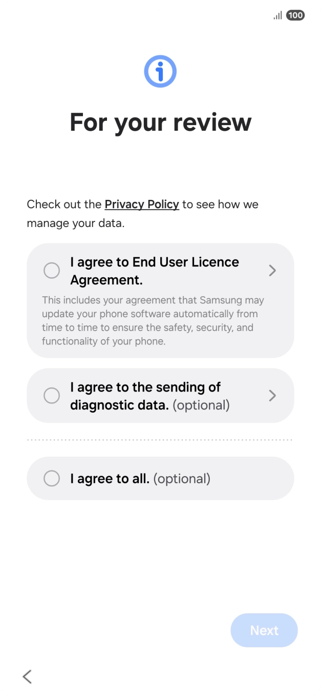 Press the fields next to the required settings to select them. Press the fields next to the required settings to select them.