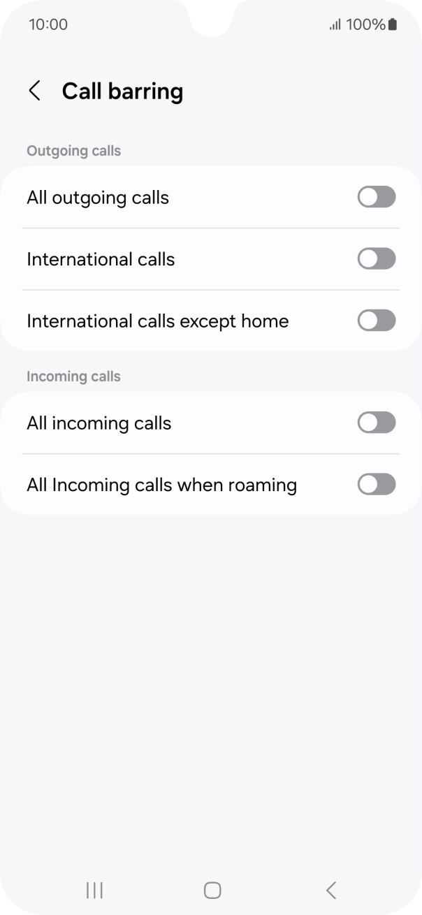 Press the indicator next to the required barring type to turn the function on or off.