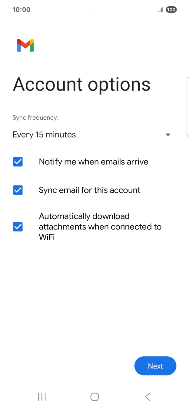 If this screen is displayed, your email account has been recognised and set up automatically. Follow the instructions on the screen to key in more information and finish setting up your phone.