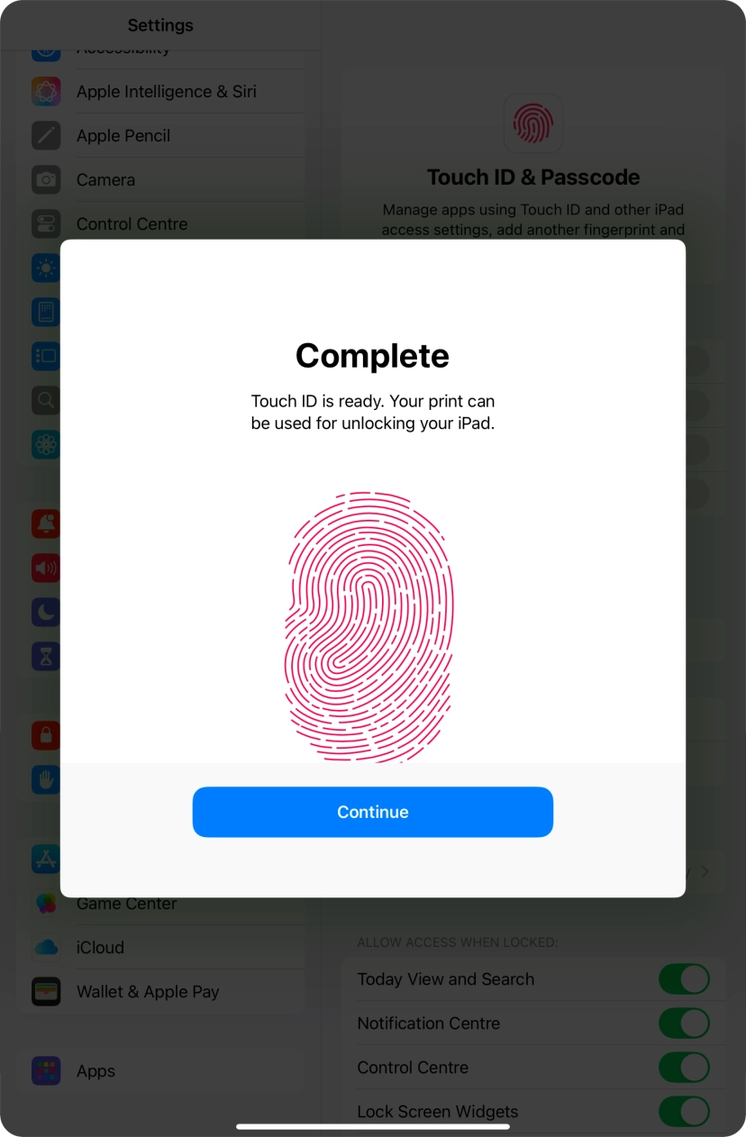 Press Continue. If you haven't previously selected a lock code, key in a code of your own choice twice.
