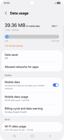 The total data usage is displayed. The total data usage is displayed.