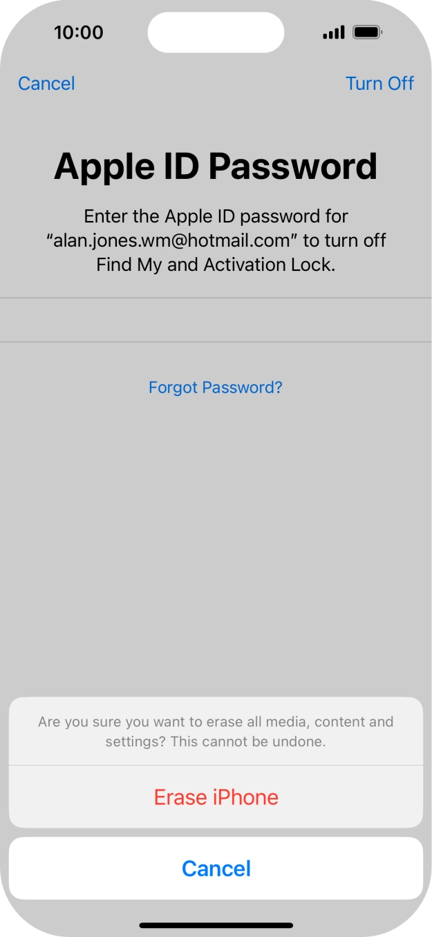 Key in the password for your Apple ID and press Erase iPhone. Wait a moment while the factory default settings are restored. Follow the instructions on the screen to set up your phone and prepare it for use.