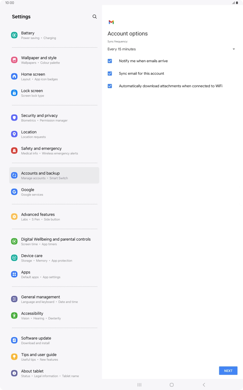 If this screen is displayed, your email account has been recognised and set up automatically. Follow the instructions on the screen to key in more information and finish setting up your tablet.