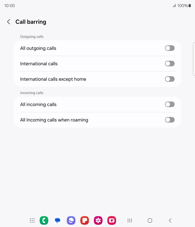 Press the indicator next to the required barring type to turn the function on or off.