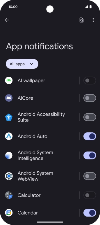 Press the indicator next to the required apps to turn the function on or off. Press the indicator next to the required apps to turn the function on or off.