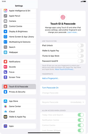 Press Turn Passcode On and key in a lock code of your own choice twice.