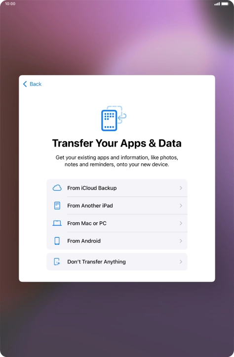 You can transfer content from an Android device to your tablet when it's activated for the first time and after a factory reset. When this screen is displayed, your tablet is ready to transfer content from an Android device.