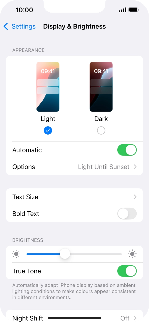 If you turn on the function, press Options and follow the instructions on the screen to select the required period of time for Dark Mode.