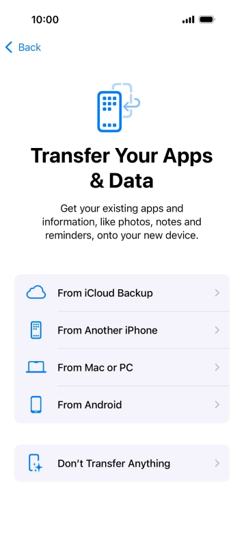 You can transfer content from an Android phone to your phone when it's activated for the first time and after a factory reset. When this screen is displayed, your phone is ready to transfer content from an Android phone.