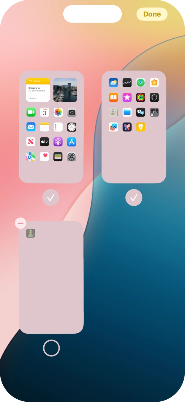 Press the delete icon next to the required home screen page. Press the delete icon next to the required home screen page.