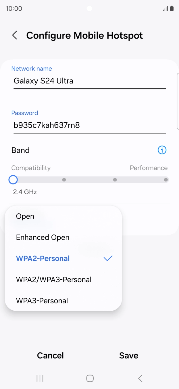 Press WPA3-Personal to password protect your Wi-Fi hotspot.
