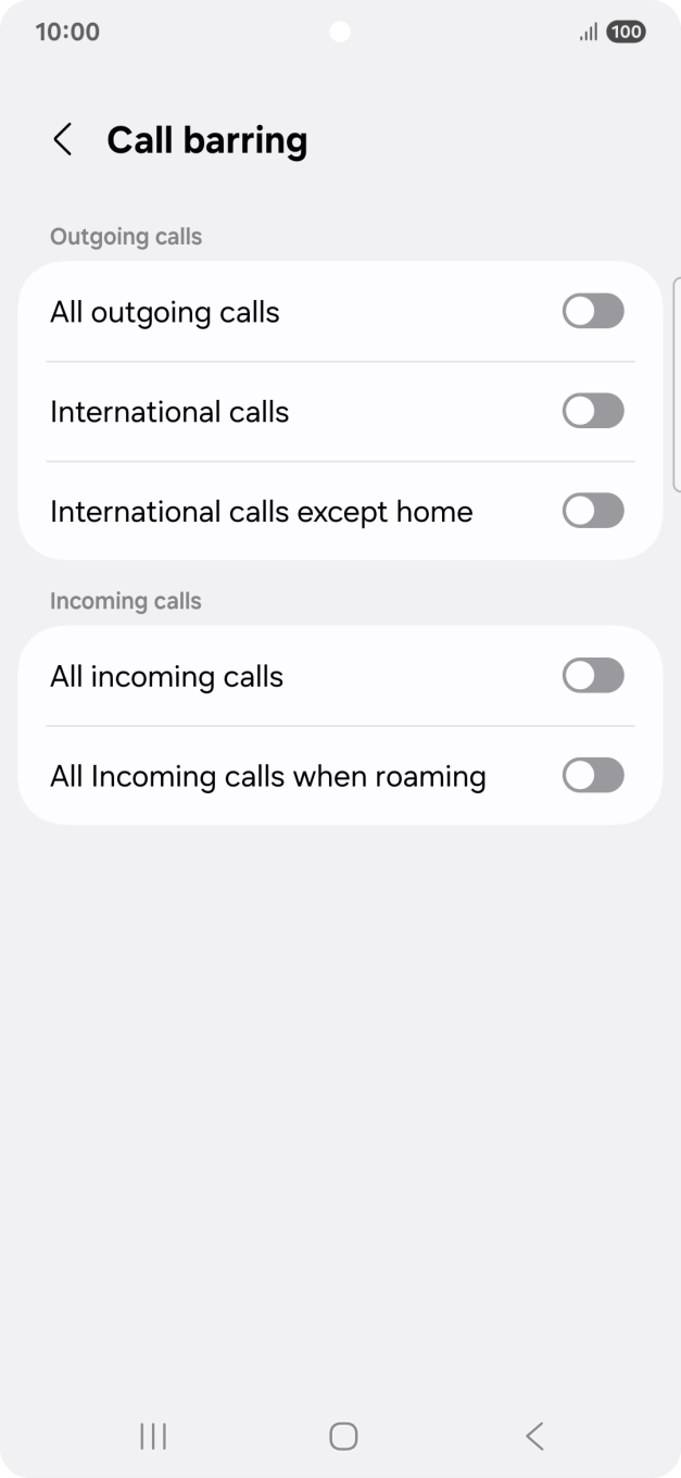 Press the indicator next to the required barring type to turn the function on or off.