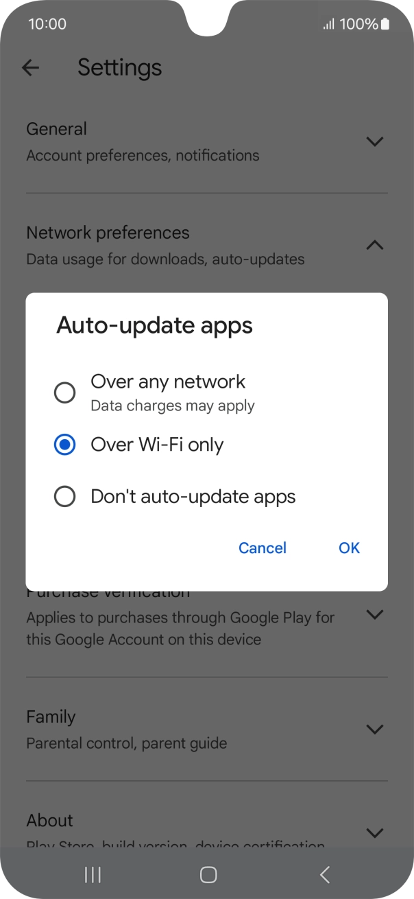 To turn on automatic update of apps using mobile network, press Over any network.