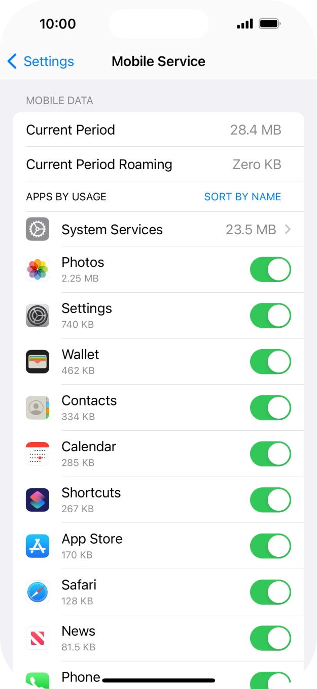 The data usage for each application is displayed below the name of the application.