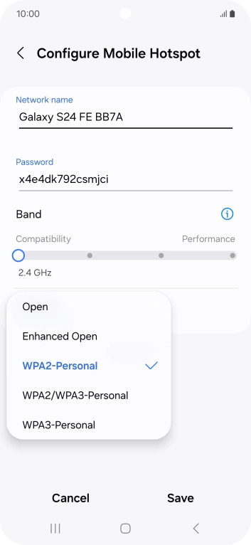 Press WPA3-Personal to password protect your Wi-Fi hotspot.