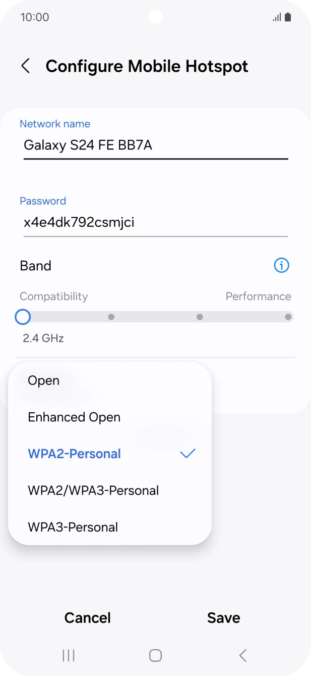 Press WPA3-Personal to password protect your Wi-Fi hotspot. Press WPA3-Personal to password protect your Wi-Fi hotspot.