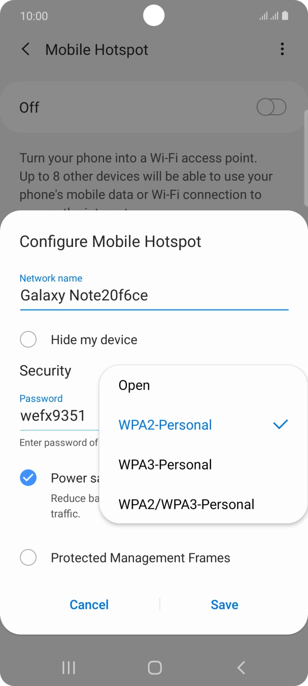 Press WPA2-Personal to password protect your Wi-Fi hotspot. Press WPA2-Personal to password protect your Wi-Fi hotspot.