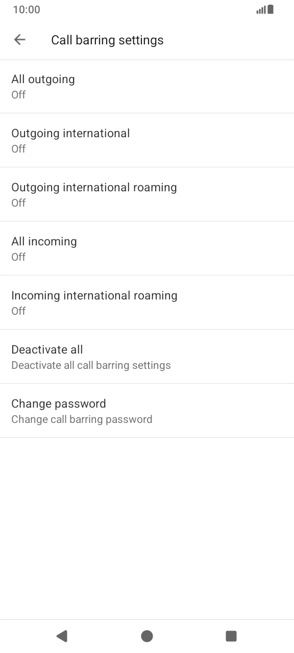 Press the required barring type to turn the function on or off. Press the required barring type to turn the function on or off.