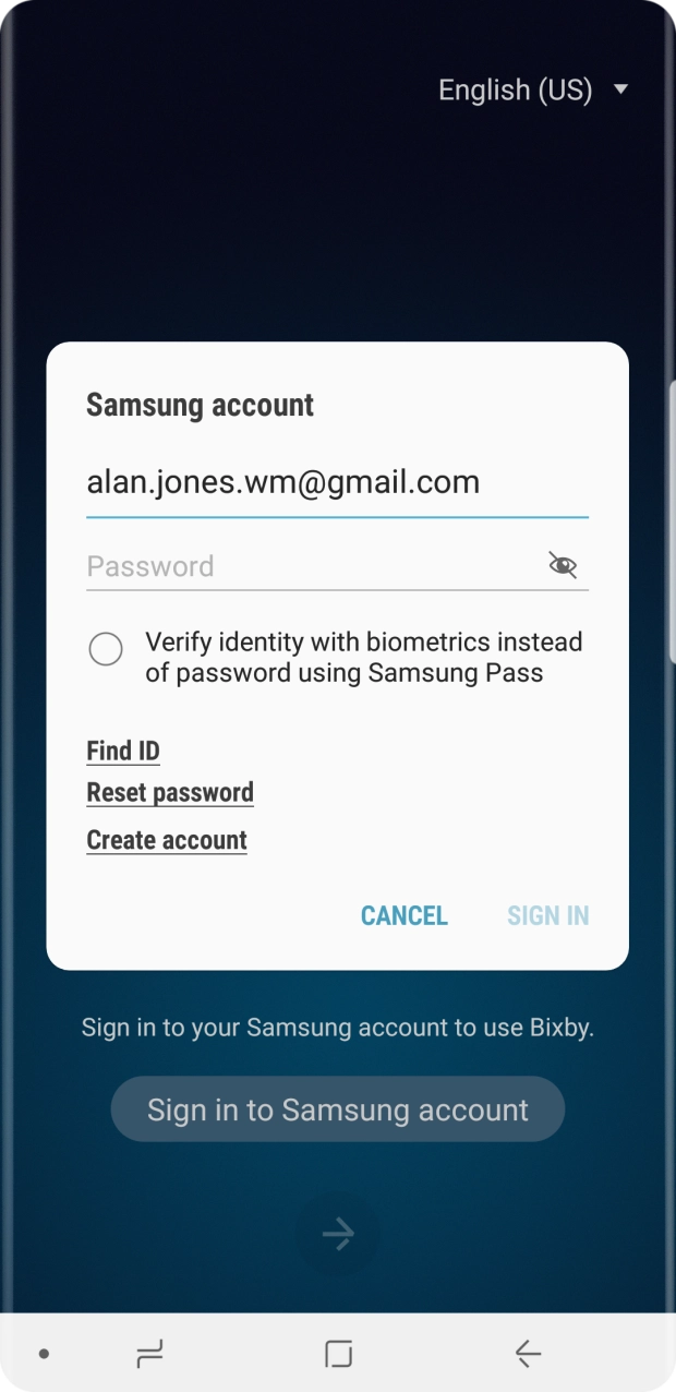 Press Password and key in the password for your Samsung account. Press Password and key in the password for your Samsung account.