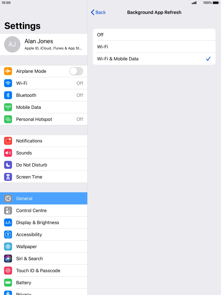 To turn off background refresh of apps, press Off. To turn off background refresh of apps, press Off.