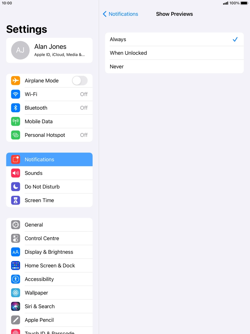To select notification preview on the lock screen, press Always.