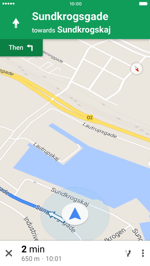 The travel information at the bottom of the screen shows your estimated time of arrival and distance to destination.