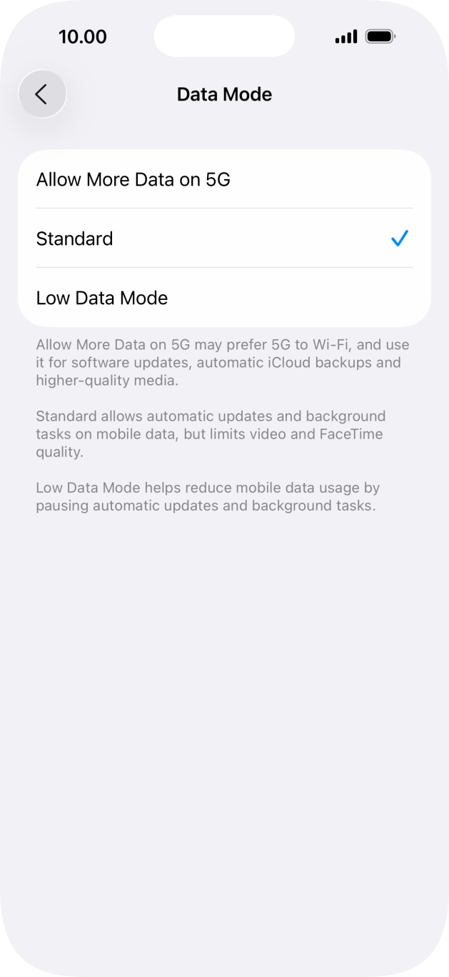 Press the required setting. Press the required setting.