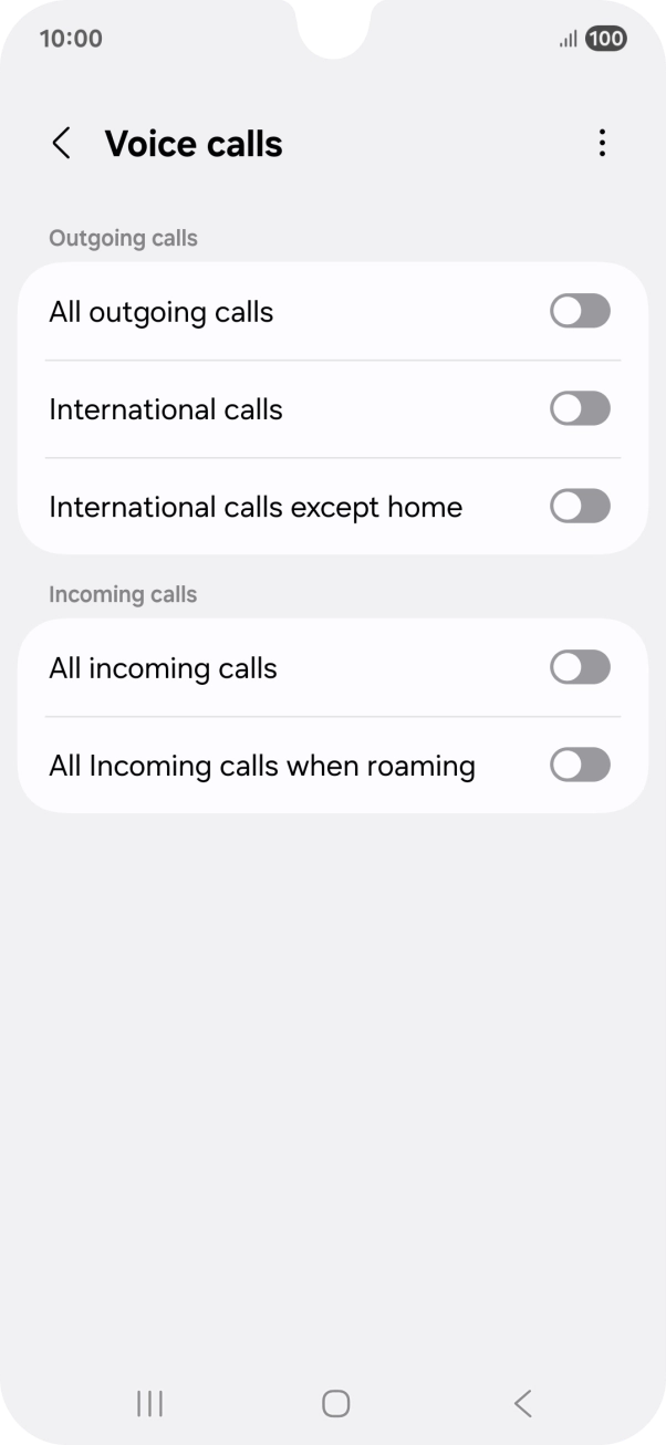 Press the indicator next to the required barring type to turn the function on or off. Press the indicator next to the required barring type to turn the function on or off.