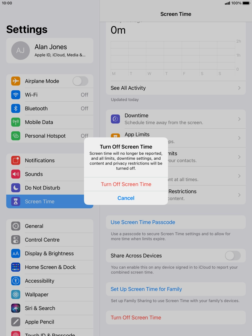 Press Turn Off Screen Time. Press Turn Off Screen Time.