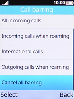 Select Cancel all barring and key in your barring password. Select Cancel all barring and key in your barring password.