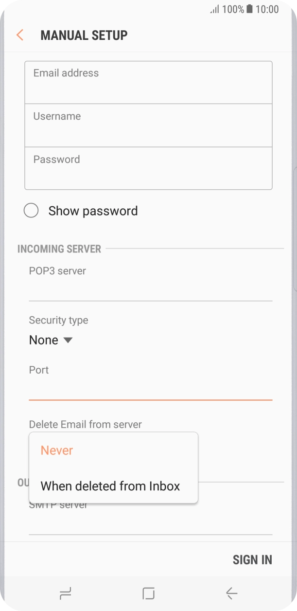 Press Never to keep email on the server when you delete them on your phone. Press Never to keep email on the server when you delete them on your phone.