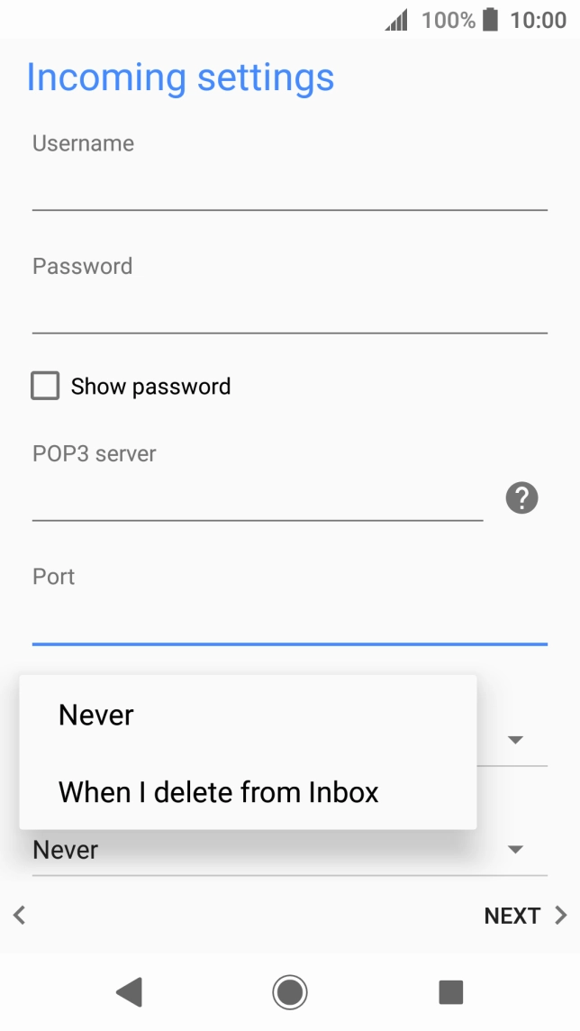 Press Never to keep email on the server when you delete them on your phone. Press Never to keep email on the server when you delete them on your phone.