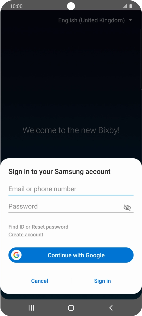 If you don't have a Samsung account, press Create account and follow the instructions on the screen to create an account. If you don't have a Samsung account, press Create account and follow the instructions on the screen to create an account.
