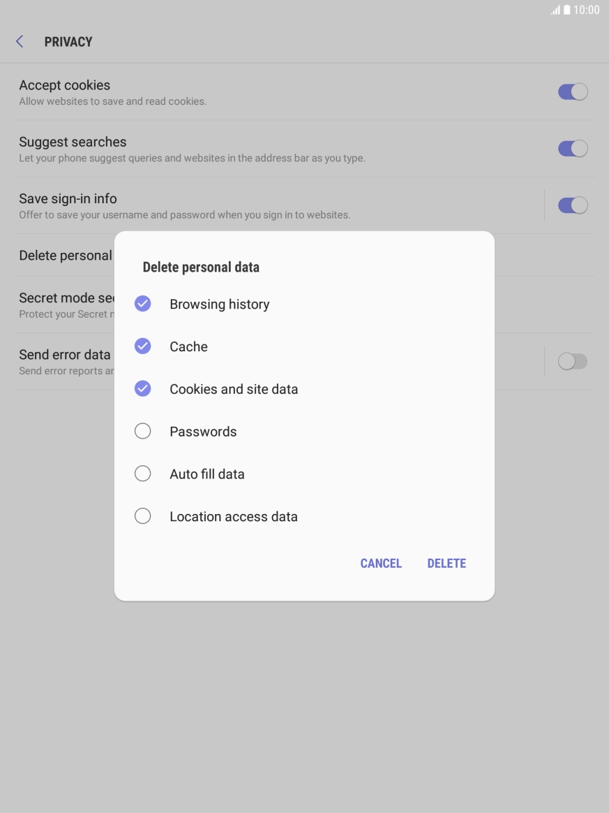 Press the field next to the required data types. Press the field next to the required data types.