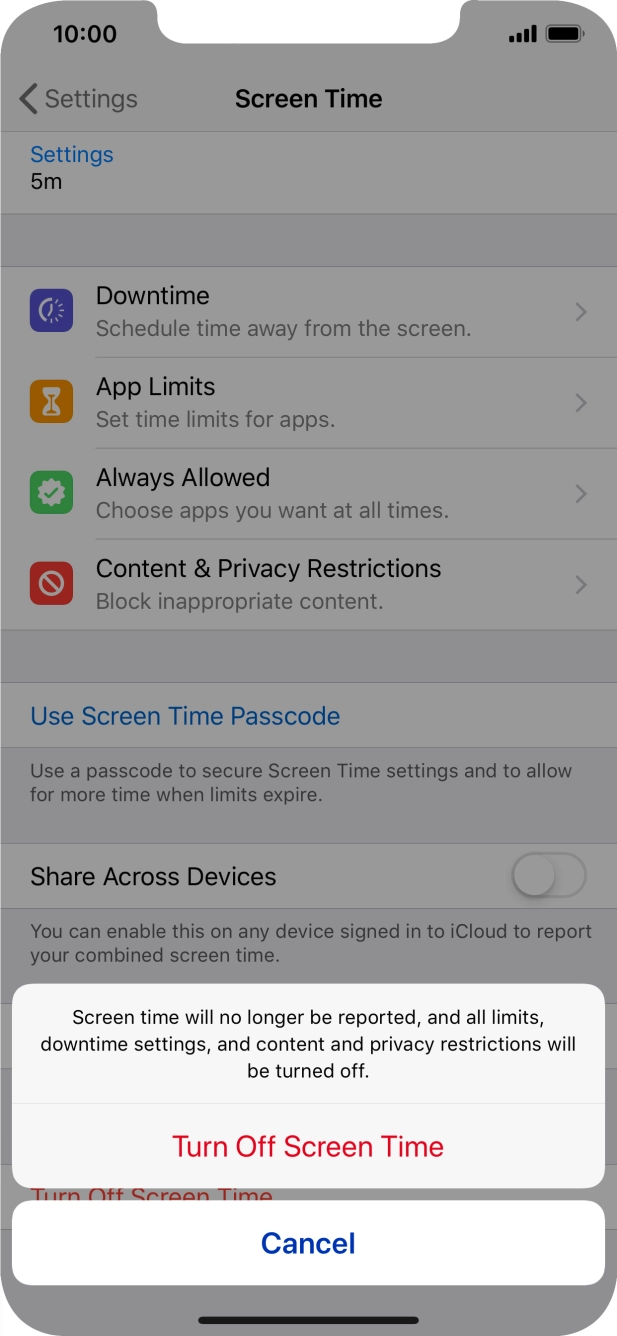 Press Turn Off Screen Time. Press Turn Off Screen Time.