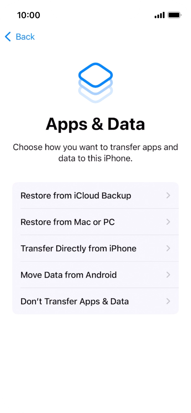 Press Don't Transfer Apps & Data and follow the instructions on the screen to finish the activation. Press Don't Transfer Apps & Data and follow the instructions on the screen to finish the activation.