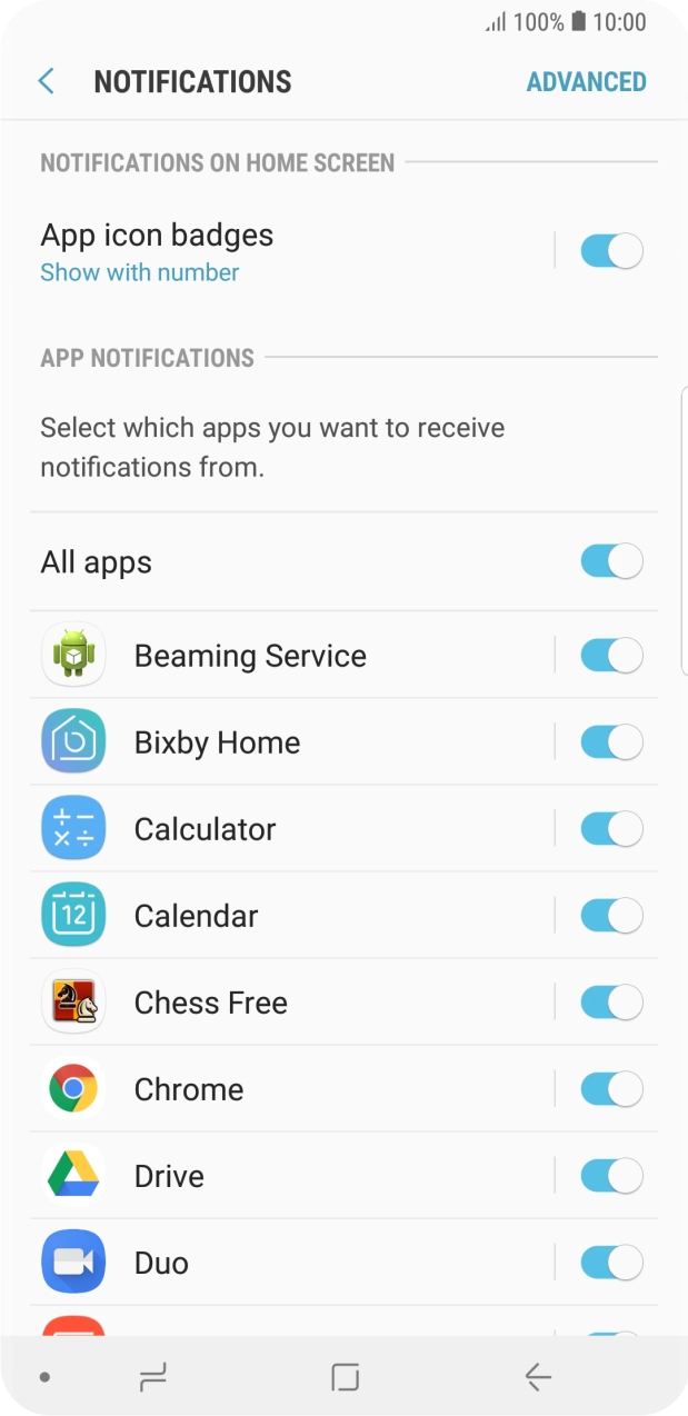 Press the indicator next to the required app to turn the function on or off. Press the indicator next to the required app to turn the function on or off.