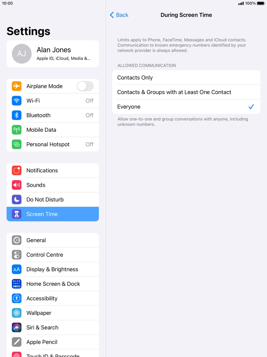 Press the required setting.