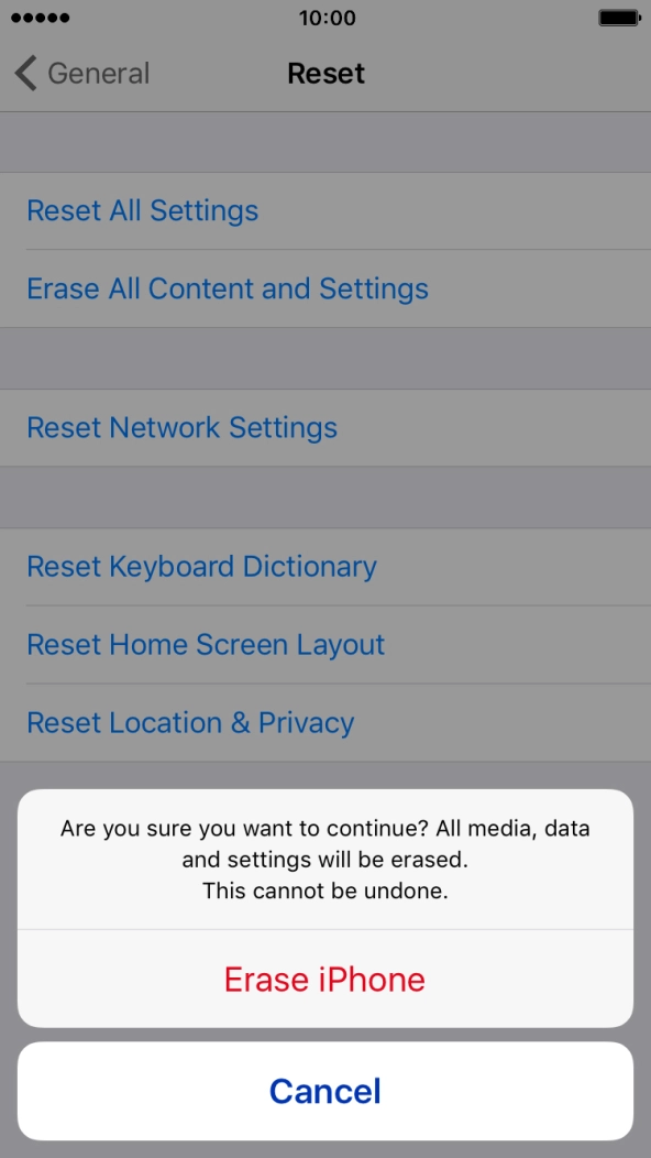 Press Erase iPhone. Wait a moment while the factory default settings are restored.
Follow the instructions on the screen to set up your phone and prepare it for use. Press Erase iPhone. Wait a moment while the factory default settings are restored.
Follow the instructions on the screen to set up your phone and prepare it for use.