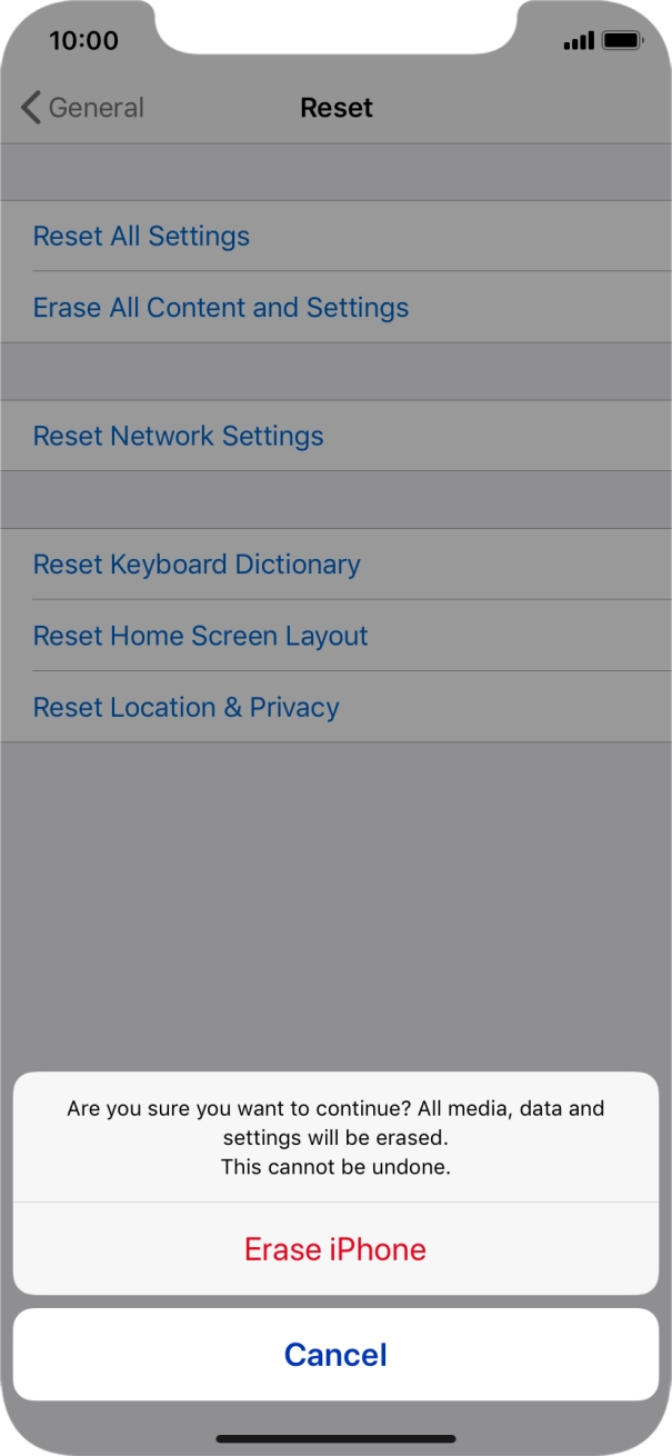 Press Erase iPhone. Wait a moment while the factory default settings are restored. Follow the instructions on the screen to set up your phone and prepare it for use. Press Erase iPhone. Wait a moment while the factory default settings are restored. Follow the instructions on the screen to set up your phone and prepare it for use.