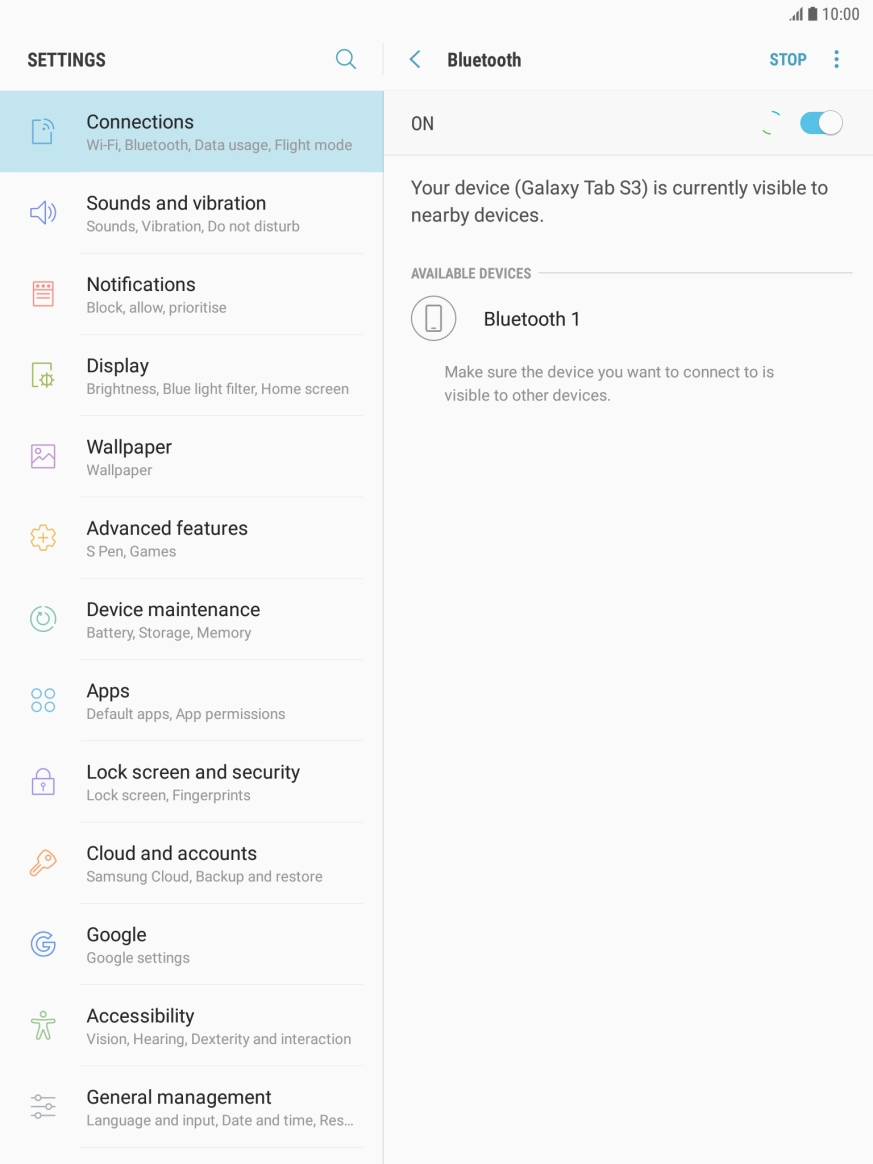 Press the required Bluetooth device and follow the instructions on the screen to pair the device with your tablet.