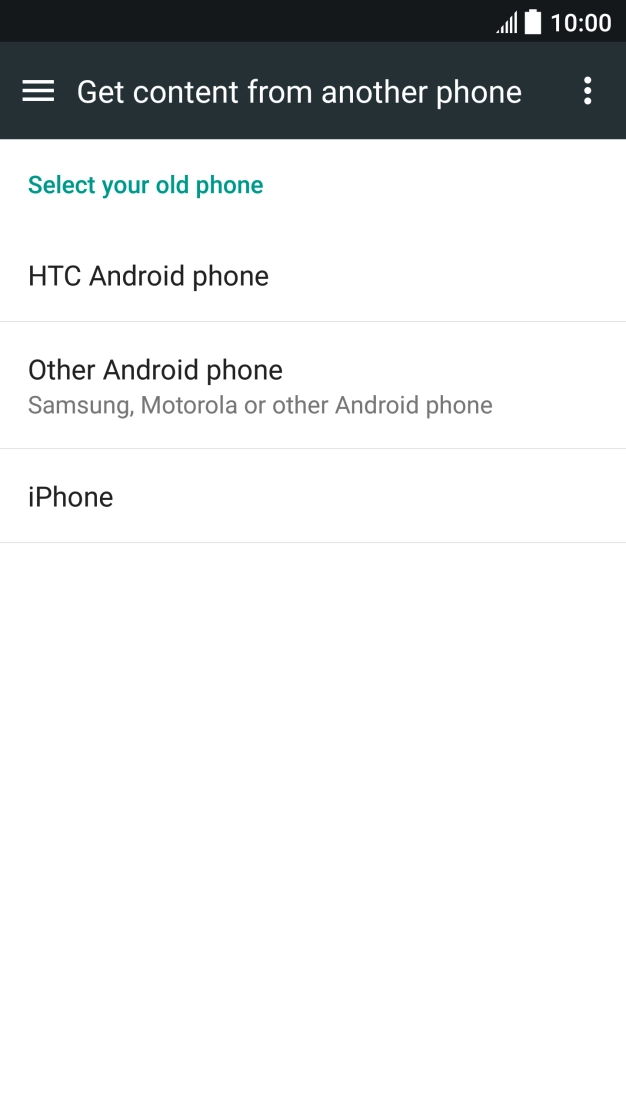 Press the required setting and follow the instructions on the screen to transfer the content from the other phone.