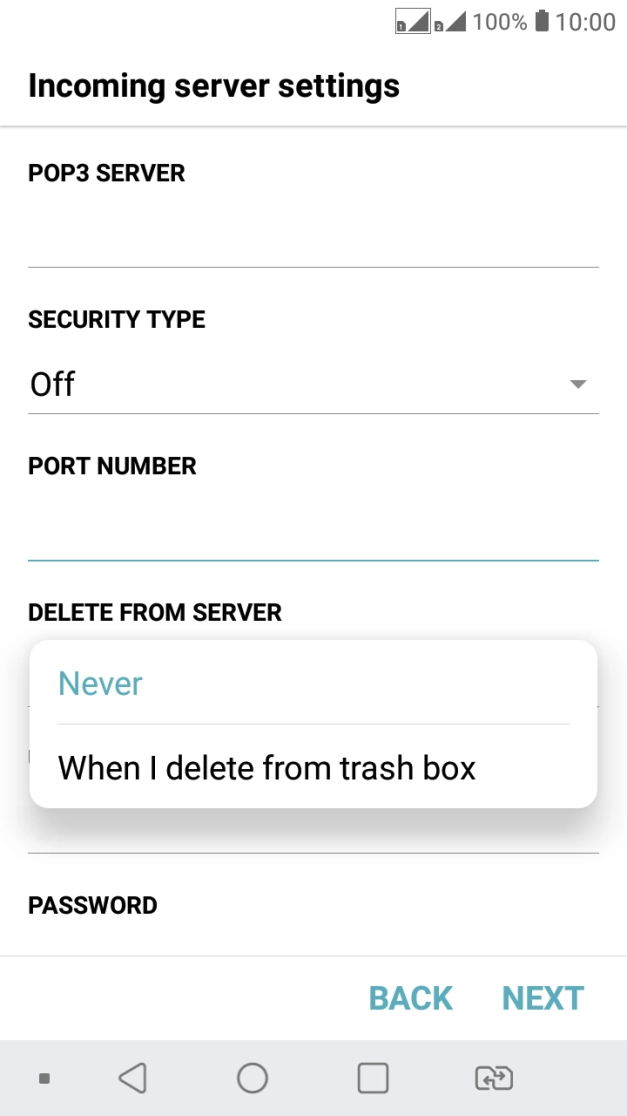 Press Never to keep email on the server when you delete them on your phone. Press Never to keep email on the server when you delete them on your phone.
