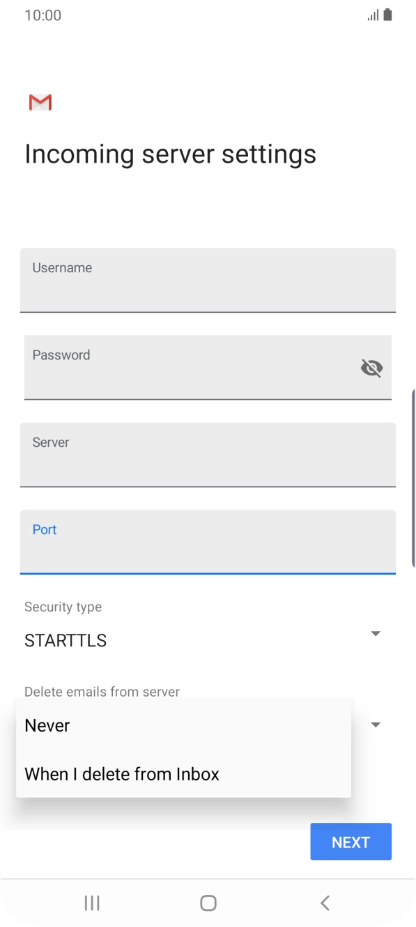 Press Never to keep email on the server when you delete them on your phone. Press Never to keep email on the server when you delete them on your phone.