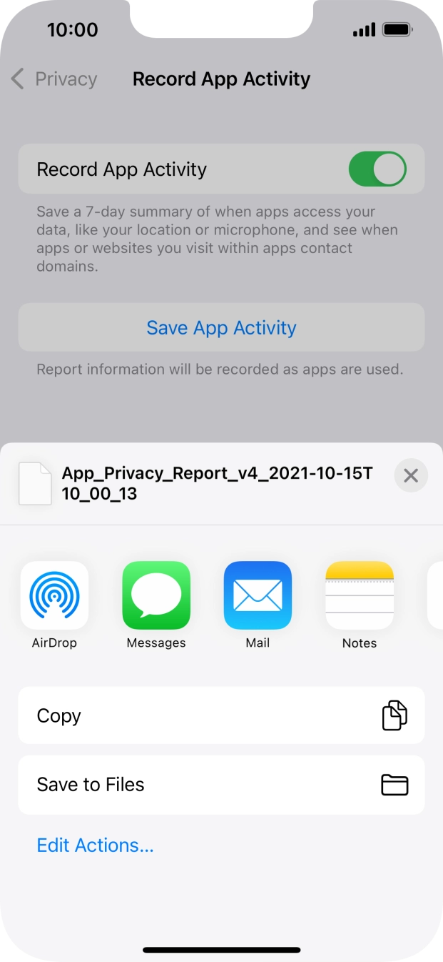 Press the required setting and follow the instructions on the screen to share or save the app activity report.