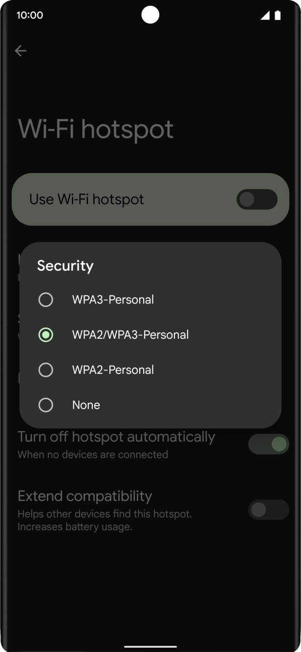 Press WPA3-Personal to password protect your Wi-Fi hotspot. Press WPA3-Personal to password protect your Wi-Fi hotspot.